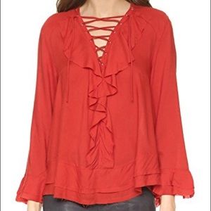 Iro Finley Red Ruffle Lace-up Blouse